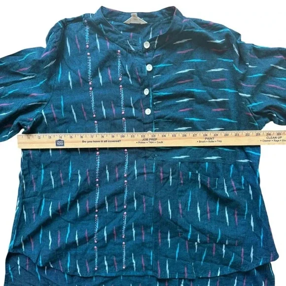 Market Place Handwork Of India Blue Cotton 3/4 Length Sleeve Tunic Size 1W - Picture 9 of 10